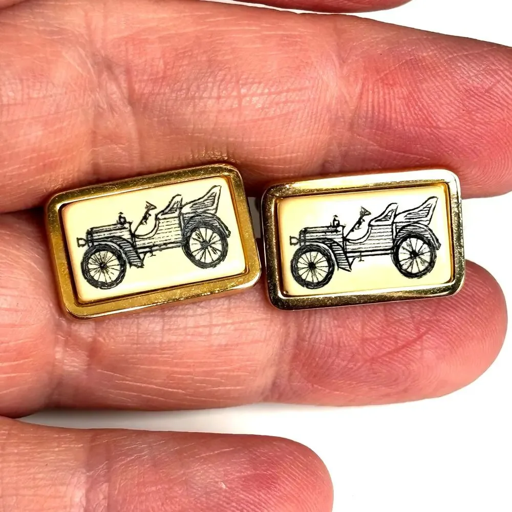 Vintage mid century cufflinks gold & carved look model T cars classic 1960s